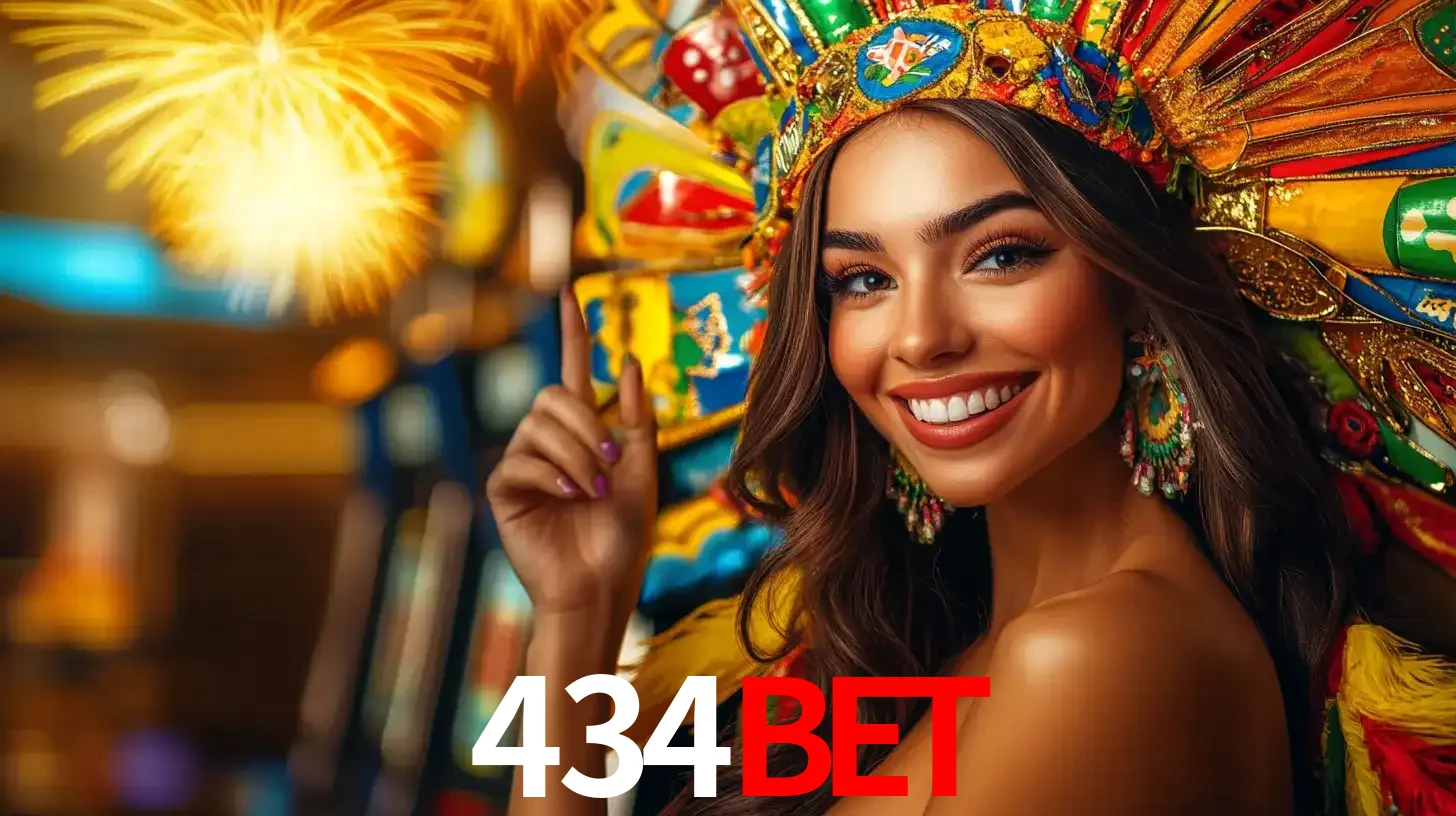 Mulher sorridente com um cocar de carnaval vibrante e colorido, celebrando uma grande vitória nos jogos do cassino 434bet com fogos de artifício ao fundo.