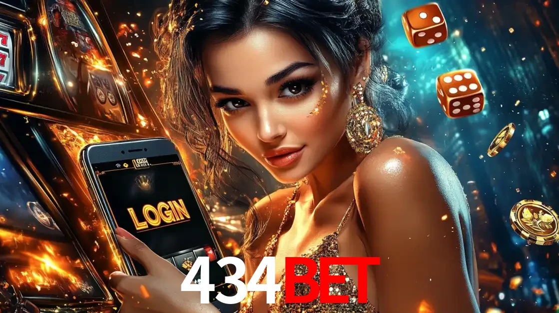 Mulher glamourosa segurando um celular com a tela de login do cassino 434bet, rodeada por dados e moedas douradas, pronta para começar a diversão.