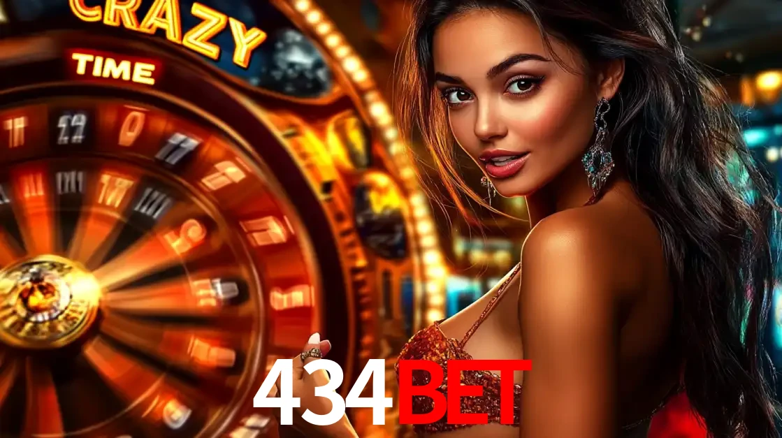 Mulher ao lado da roda de prêmios do jogo de cassino ao vivo Crazy Time, um dos shows de jogos mais emocionantes oferecidos pela plataforma de apostas 434bet.