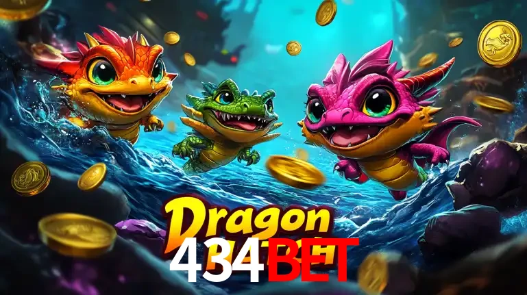 Arte promocional do jogo Dragon Hatch com três adoráveis dragões bebês nadando entre moedas de ouro, um dos slots mais divertidos para jogar no cassino 434bet.