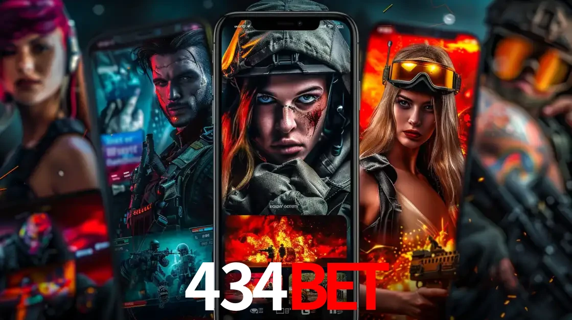 Montagem de telas de celular mostrando diversos personagens, masculinos e femininos, de um jogo de tiro, ilustrando a diversidade de equipes de e-sports para apostar no 434bet.