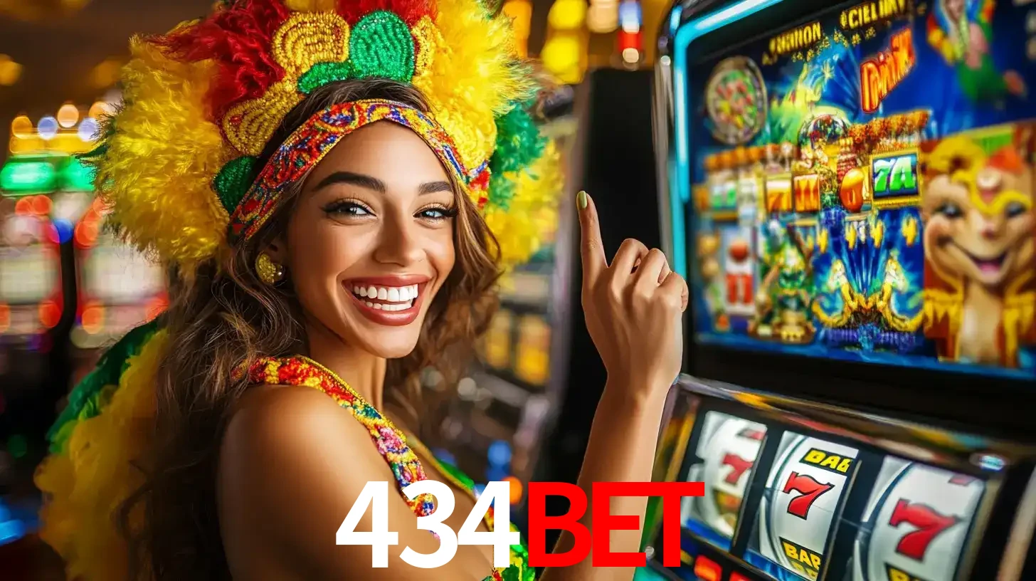 Mulher animada com um cocar de carnaval apontando para uma máquina de caça-níqueis, mostrando a emoção de ganhar um grande prêmio nos jogos do 434bet.