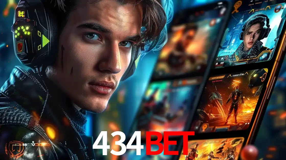 Jovem jogador com fones de ouvido olhando para a câmera, com um aplicativo de jogos e e-sports para celular ao fundo, pronto para a competição e apostas no 434bet.