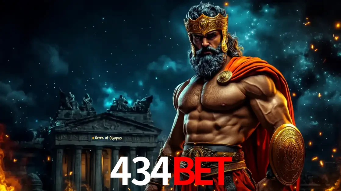 O poderoso Zeus do jogo de slot Gates of Olympus em frente ao seu templo, pronto para lançar multiplicadores divinos e prêmios épicos no cassino online 434bet.