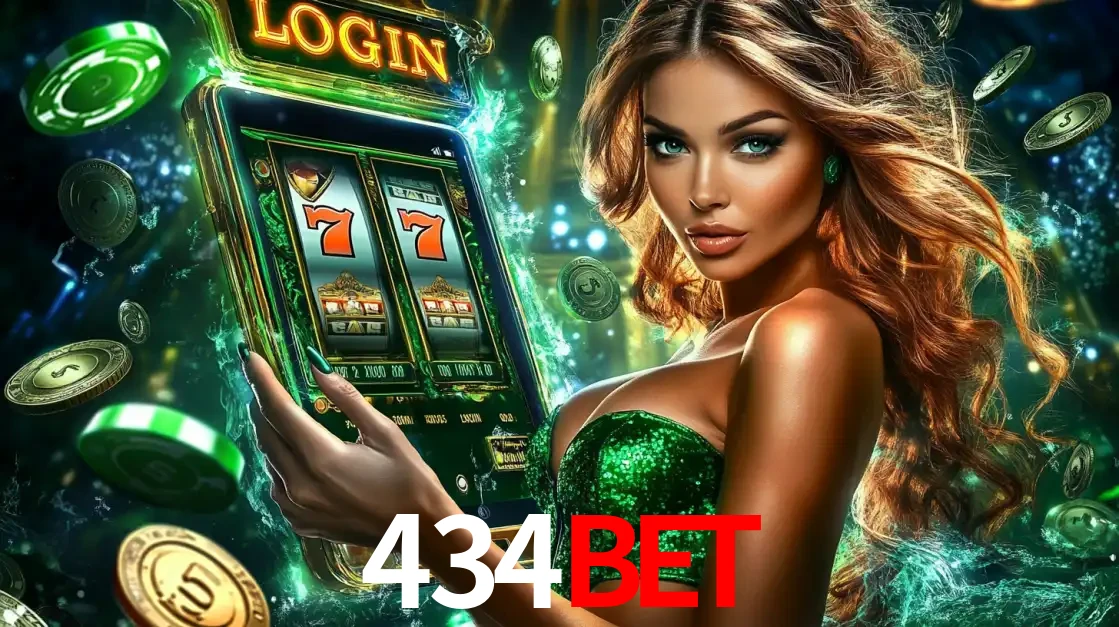 Mulher com tema verde apresentando o aplicativo do cassino 434bet com um jogo de slot de 777, cercada por fichas de cassino e uma aura de sorte.