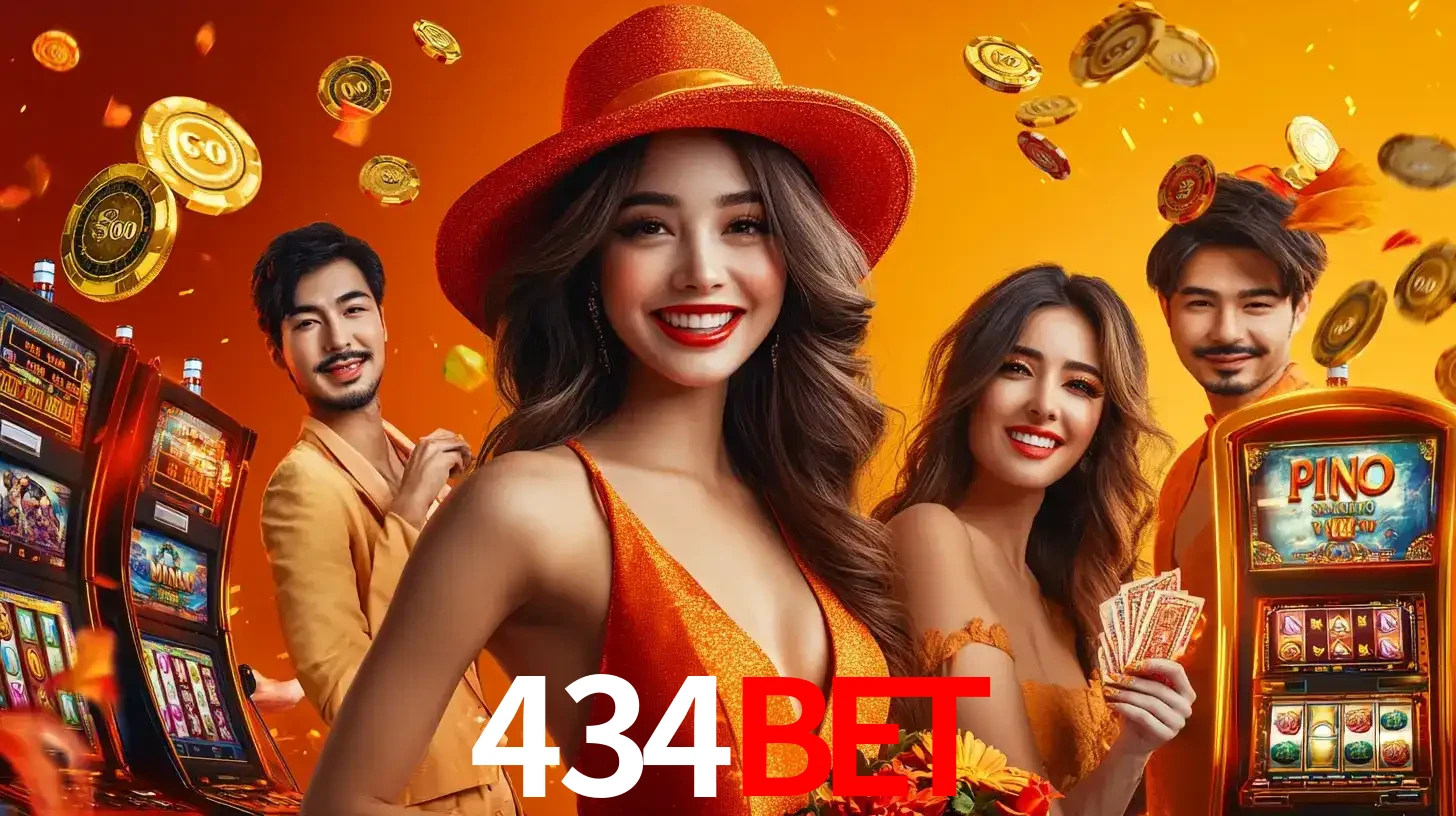 Grupo de amigos asiáticos sorrindo e se divertindo com máquinas de caça-níqueis em um ambiente festivo, celebrando suas vitórias nos jogos de cassino do 434bet.