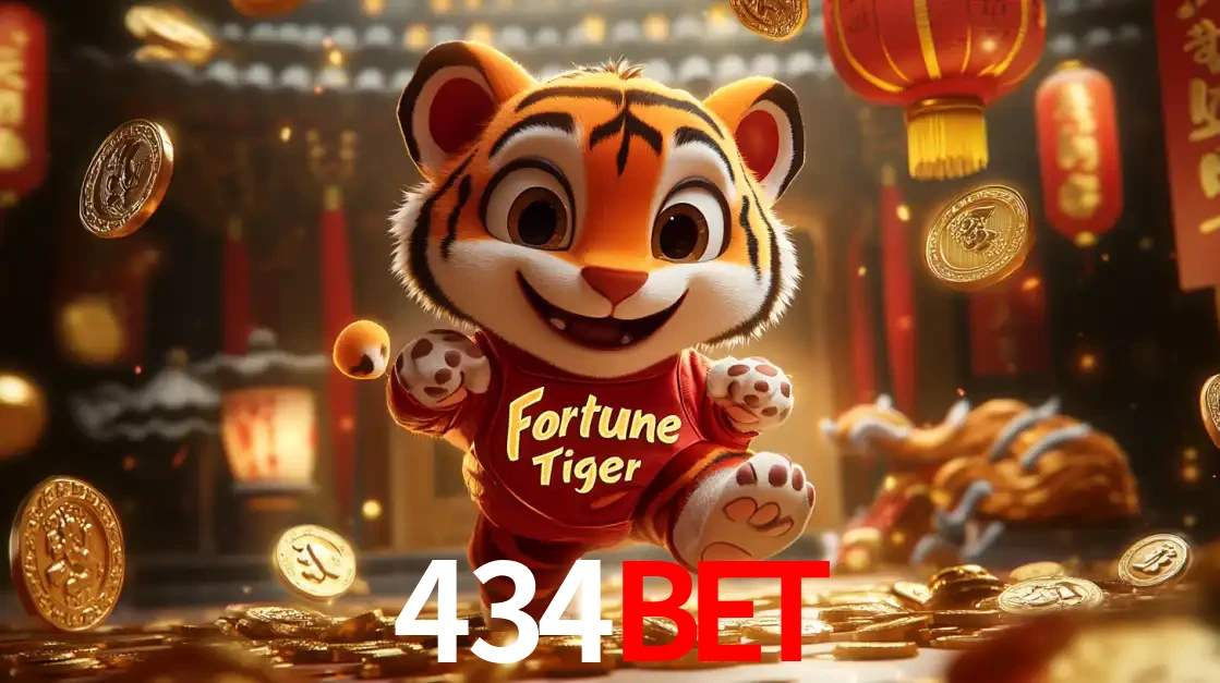 O alegre personagem do Fortune Tiger correndo sobre um caminho de moedas de ouro, simbolizando os grandes prêmios e a diversão do popular jogo de slot do 434bet.