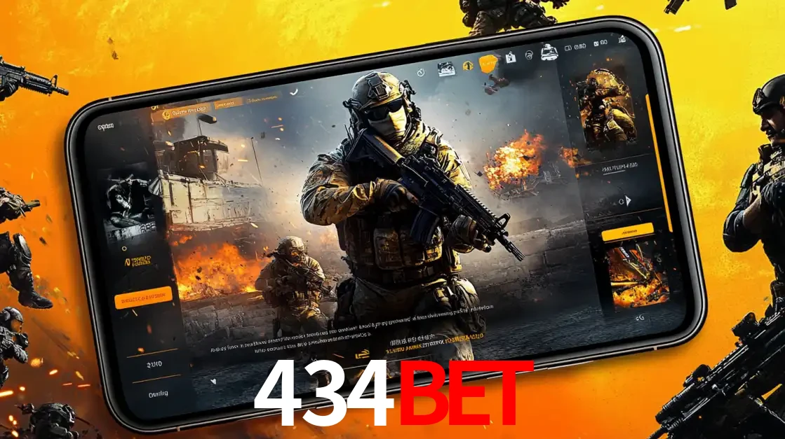 Um smartphone exibindo a interface de um jogo de tiro em primeira pessoa, com um soldado em um cenário de batalha, representando a ação dos e-sports para apostar no 434bet.