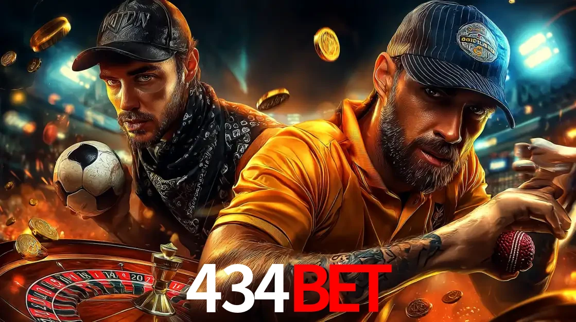 Montagem de apostas esportivas e cassino no 434bet, com um homem segurando uma bola de futebol e outro uma de beisebol sobre uma roleta e moedas voadoras.