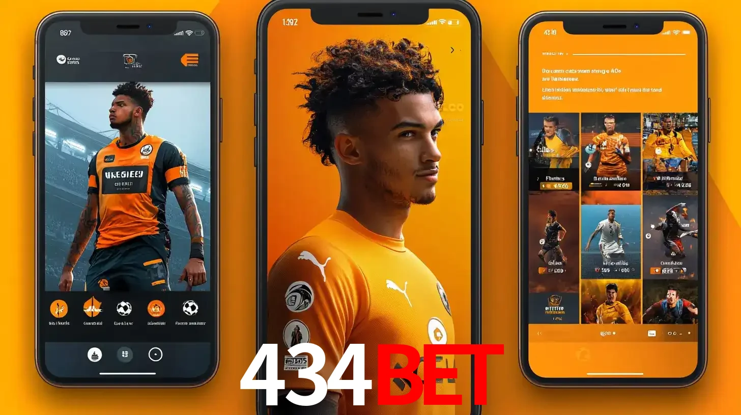 Interface do aplicativo de apostas esportivas 434bet em três telas de celular, mostrando o perfil de um jogador de futebol e a lista de jogos disponíveis para apostar.
