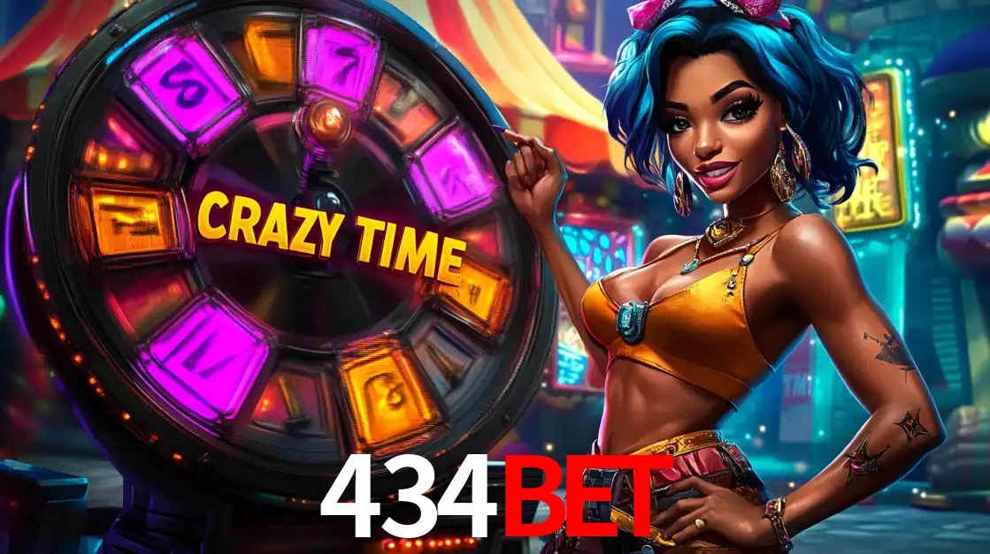 Mulher estilizada com cabelo azul e visual vibrante posando ao lado da roda de prêmios do game show Crazy Time, convidando para a diversão e os bônus do cassino 434bet.