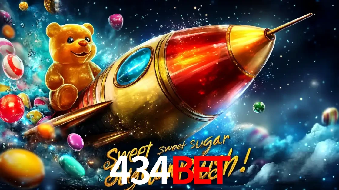 Arte promocional do jogo de slot Sugar Rush, com um urso de pelúcia em um foguete viajando pelo espaço de doces, um dos jogos divertidos disponíveis no cassino 434bet.