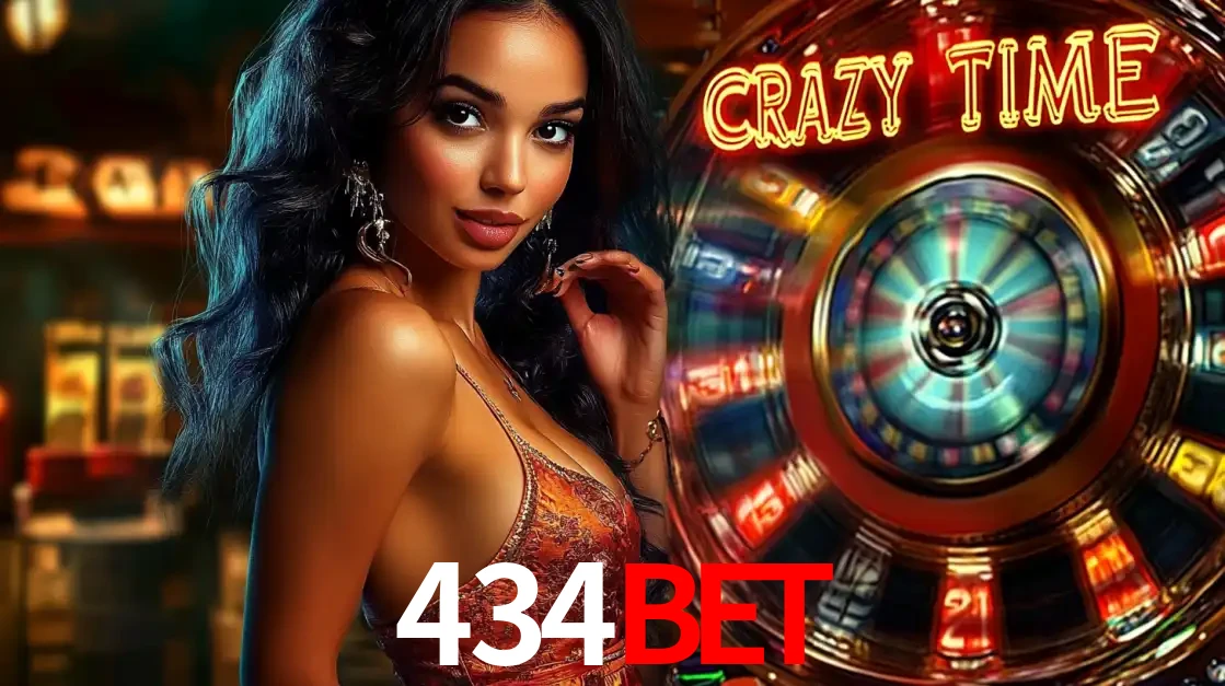 Mulher elegante ao lado da vibrante roda da fortuna do jogo de cassino ao vivo Crazy Time, um dos game shows mais populares e cheios de prêmios do 434bet.