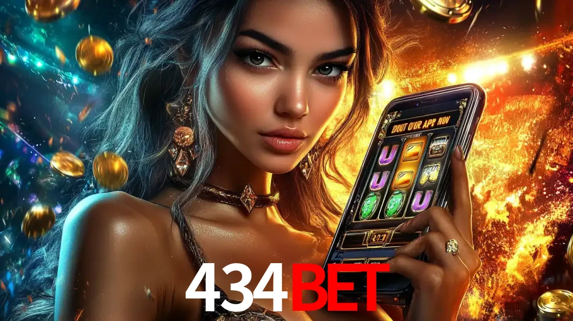 Mulher elegante mostrando um jogo de caça-níqueis em seu smartphone, destacando a experiência de cassino móvel oferecida pelo aplicativo 434bet.