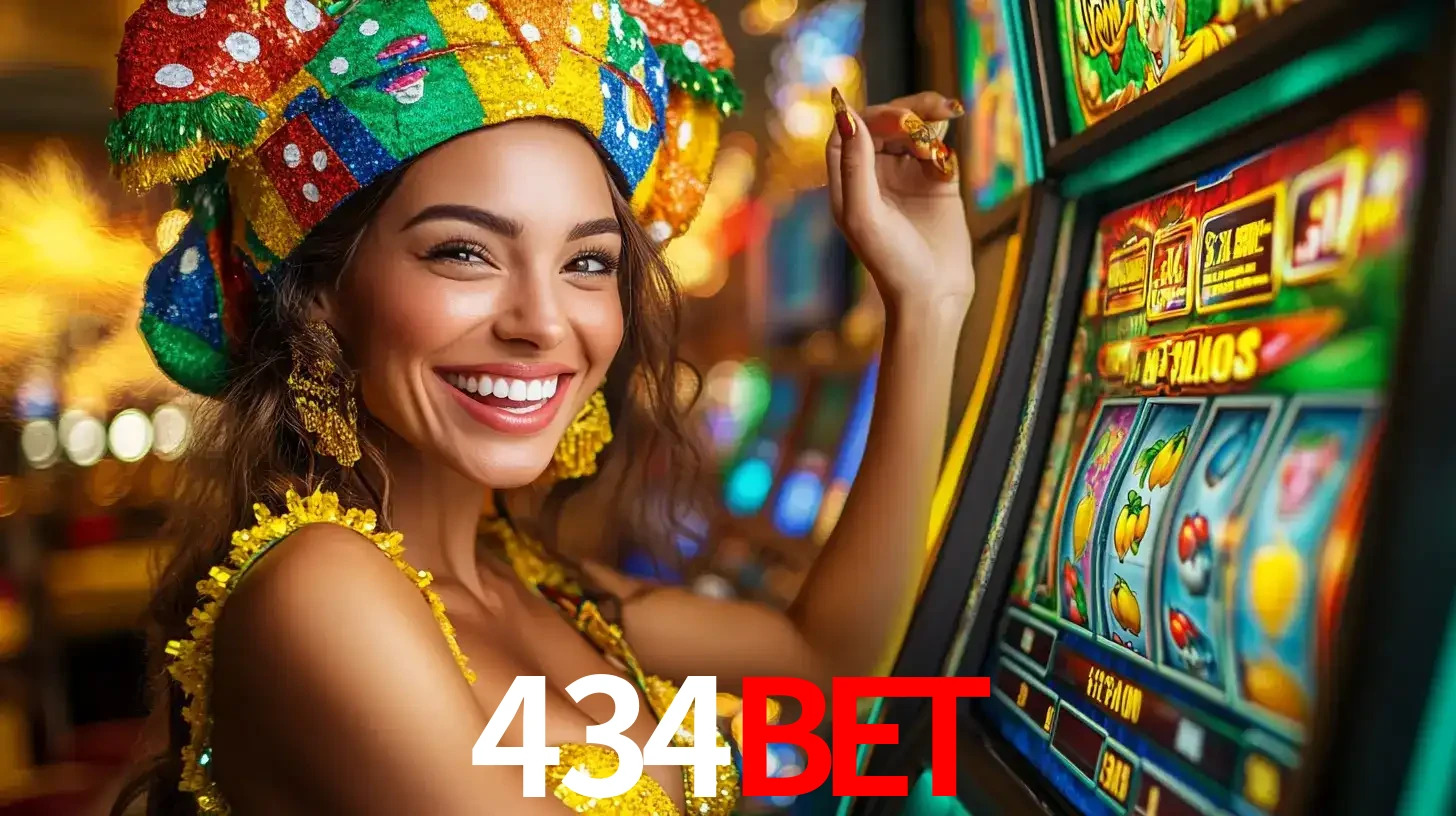 Mulher feliz com traje de carnaval amarelo e colorido ao lado de uma máquina de caça-níqueis, aproveitando a diversão e os jogos temáticos do cassino 434bet.