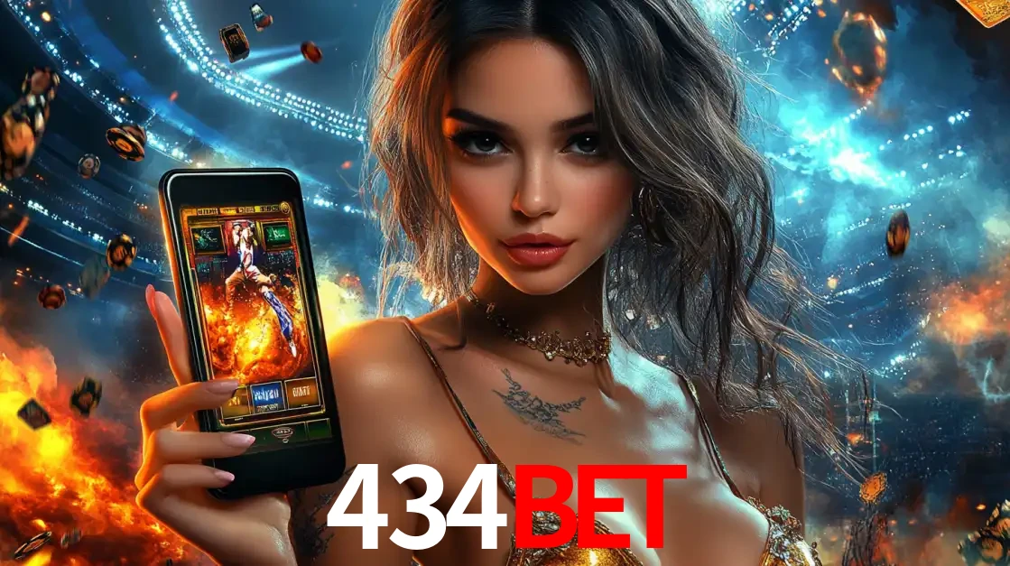 Mulher segurando um celular com um jogo de slot em destaque, tendo como fundo um estádio vibrante, simbolizando a emoção de jogar no cassino móvel 434bet.